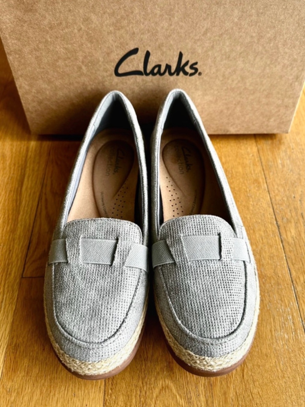 Clarks Silver Espadrille-Trim Penny Loafers